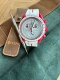 MoonSwatch White with Red stripe rubber strap