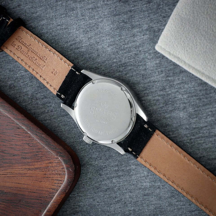 The backside of our suede leather watch strap called Velour