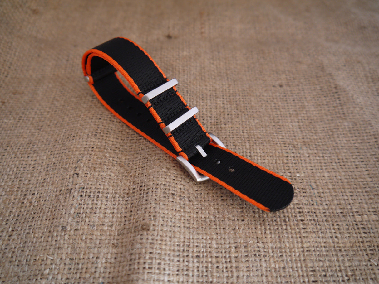 Premium NATO Strap - Black / Orange lines