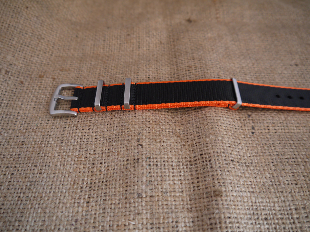 Premium NATO Strap - Black / Orange lines